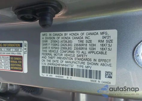 2021 Honda Cr-V Awd Ex-L from USA, damaged, VIN 2HKRW2H81MH647737